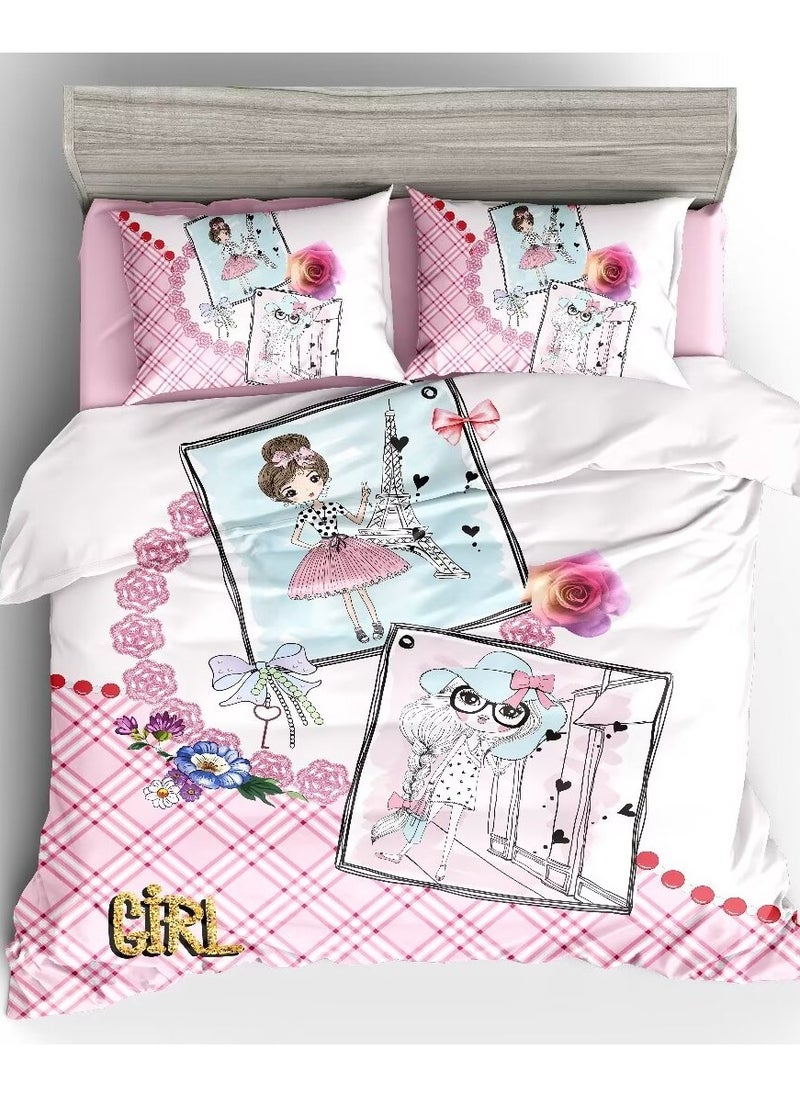 DUOMA HOME Digital printed duvet cover set(160×210cm) ,4pcs set with fit sheet and 2 pcs pillow cases, single size, pink girl