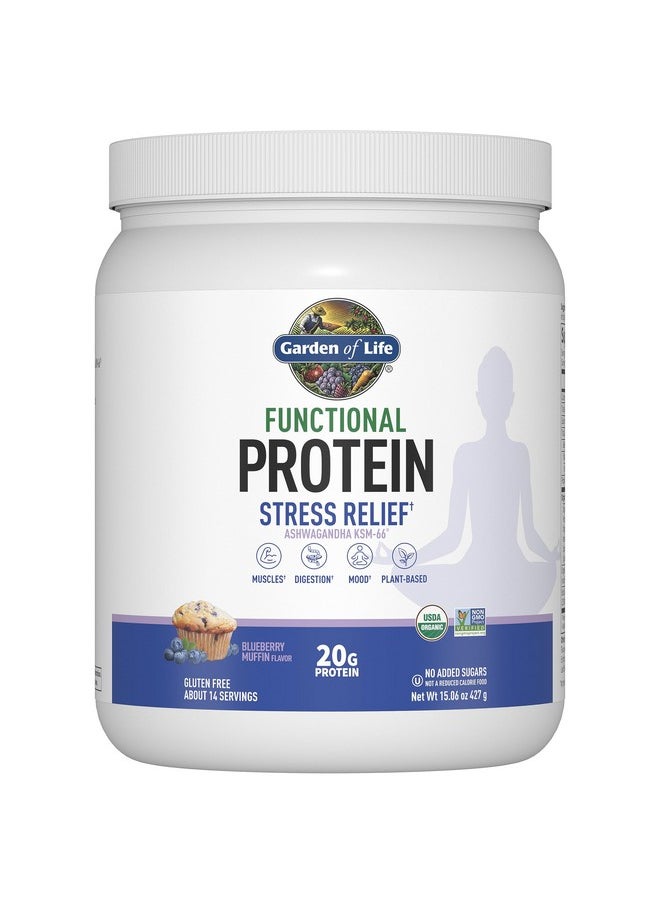 Garden Of Life Functional Protein Stress Relief - 20G Organic Sprouted & Fermented Protein Blend - Blueberry Muffin, Mood Blend For Stress Management, Ashwagandha Ksm-66, Vegan About 14 Servings