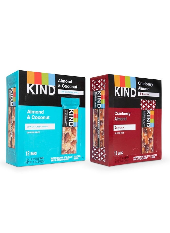 Kind Nut Bar, Variety Pack. Contains 1 Cranberry Almond, And 1 Almond & Coconut, Healthy Snacks, Gluten Free, Low Sugar, Ilios Packaging. [24 Bars]