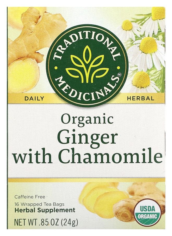 Herbal Teas Organic Ginger with Chamomile Caffeine Free 16 Wrapped Tea Bags 0.85 oz (24 g)