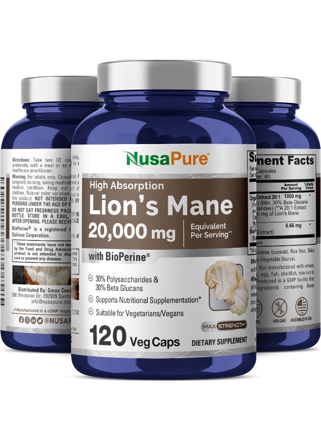 NusaPure Lions Mane 20:1 Extract (20,000 mg Equivalent) - Made with Organic Lion`s Mane, Bioperine - 30% Polysaccharides - 120 Veggie Caps. Non-GMO, Gluten Free