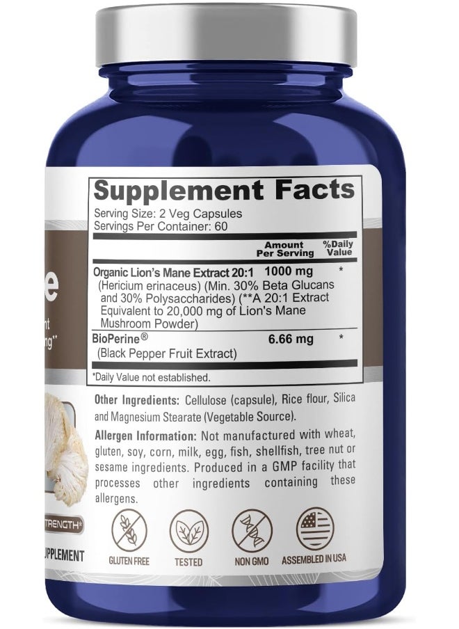 NusaPure Lions Mane 20:1 Extract (20,000 mg Equivalent) - Made with Organic Lion`s Mane, Bioperine - 30% Polysaccharides - 120 Veggie Caps. Non-GMO, Gluten Free