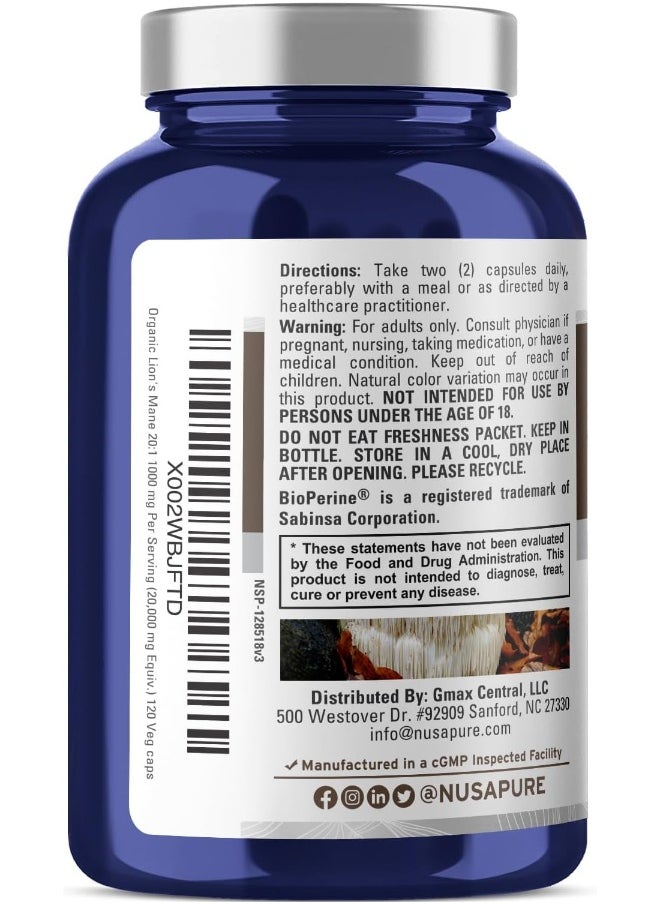NusaPure Lions Mane 20:1 Extract (20,000 mg Equivalent) - Made with Organic Lion`s Mane, Bioperine - 30% Polysaccharides - 120 Veggie Caps. Non-GMO, Gluten Free