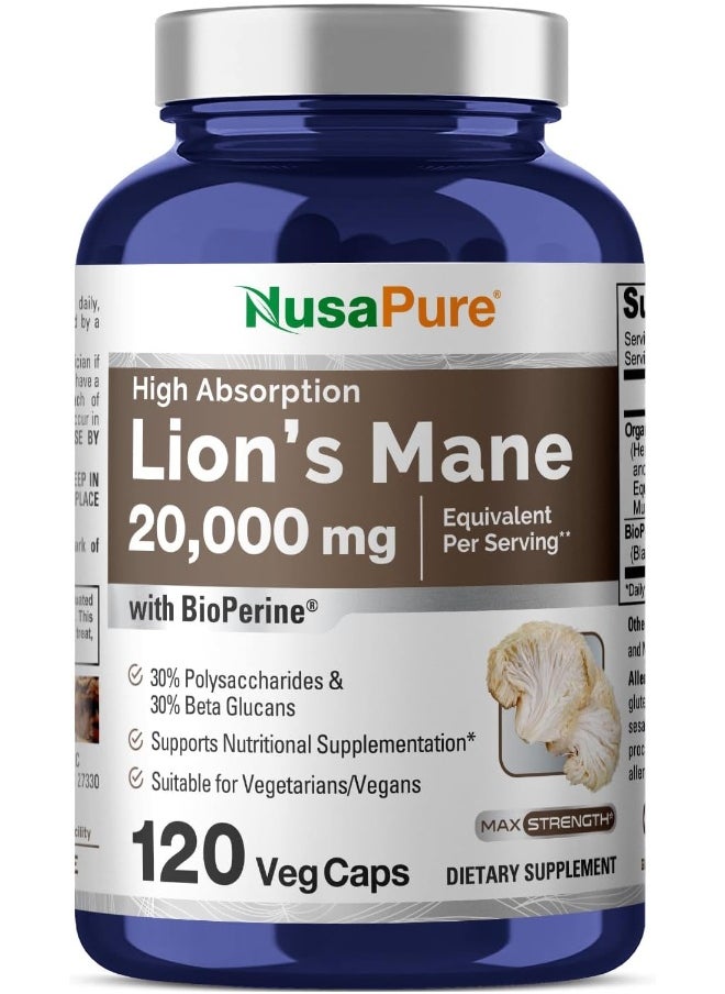 NusaPure Lions Mane 20:1 Extract (20,000 mg Equivalent) - Made with Organic Lion`s Mane, Bioperine - 30% Polysaccharides - 120 Veggie Caps. Non-GMO, Gluten Free