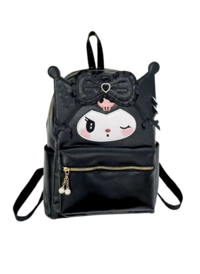 Kuromi Mini Backpack, Black Faux Leather with Bow Design
