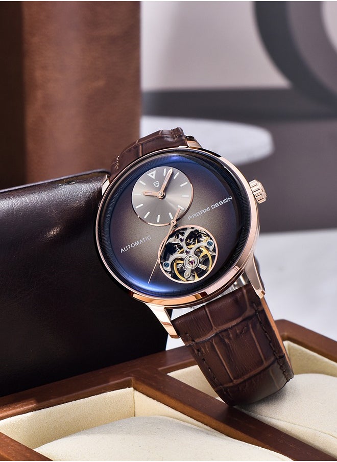 Men's Watch with Balance Wheel Automatic Mechanical Stainless Steel Wrist Watch for Men, Business Style, Leather Watch Band