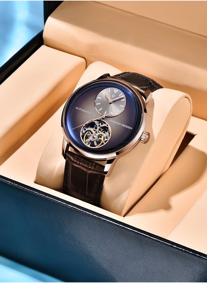 Men's Watch with Balance Wheel Automatic Mechanical Stainless Steel Wrist Watch for Men, Business Style, Leather Watch Band