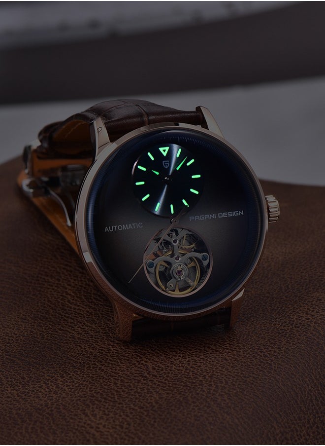 Men's Watch with Balance Wheel Automatic Mechanical Stainless Steel Wrist Watch for Men, Business Style, Leather Watch Band