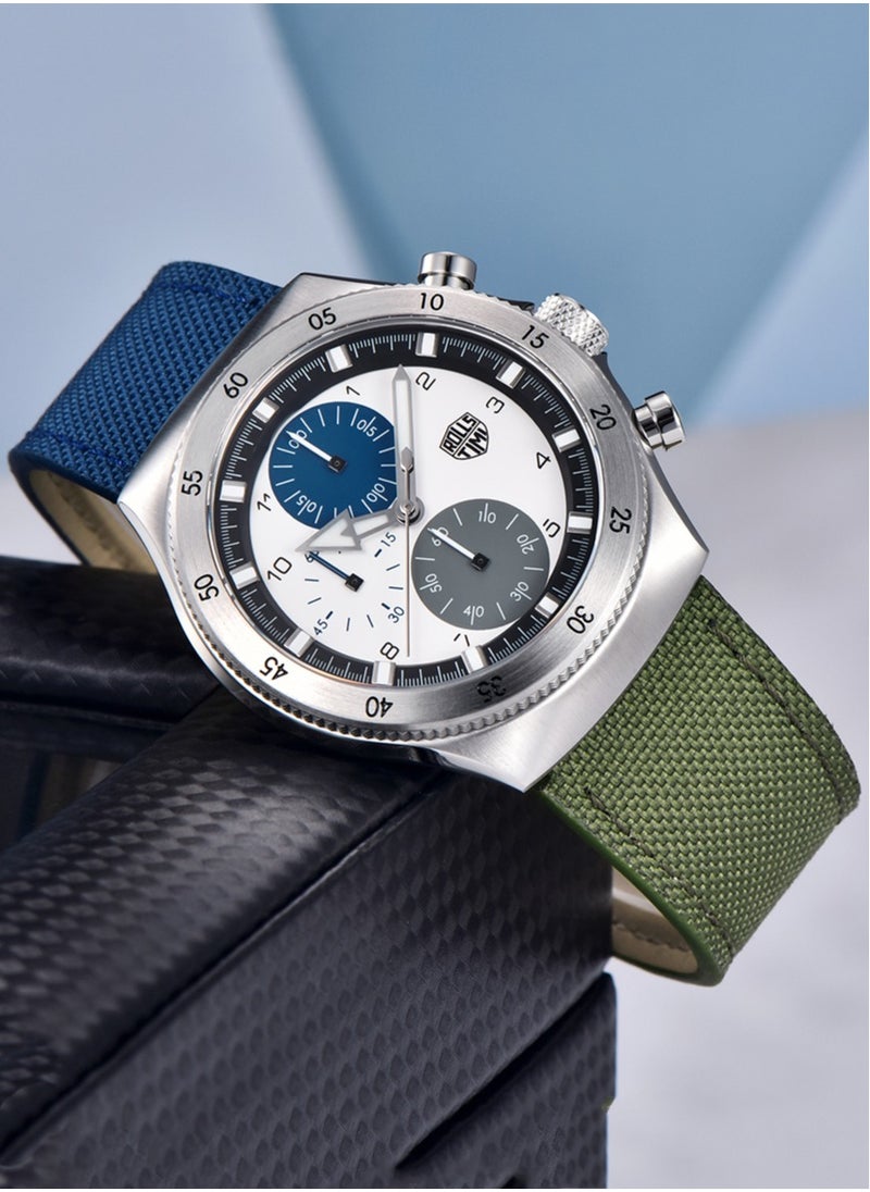 Men's Quartz Chronograph Watches, 316 Stainless Steel Frame, Sapphire Glass Surface With Green Nylon Leather Strap, RT7932