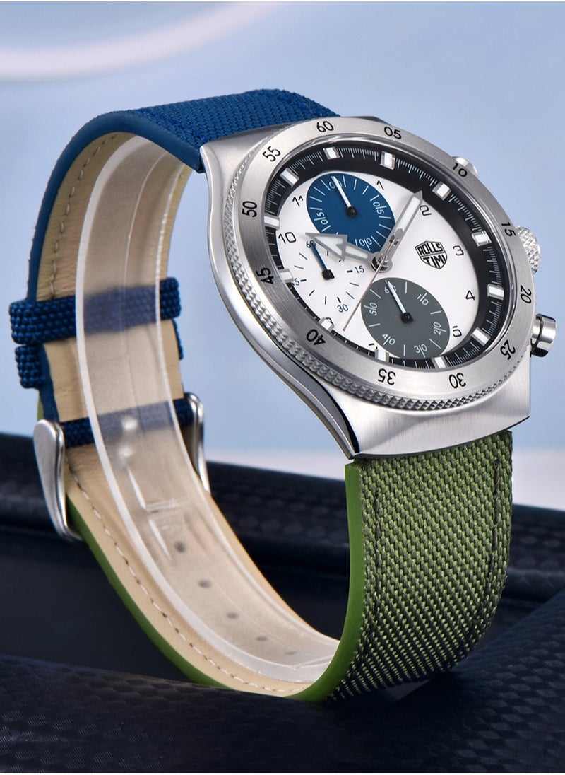 Men's Quartz Chronograph Watches, 316 Stainless Steel Frame, Sapphire Glass Surface With Green Nylon Leather Strap, RT7932