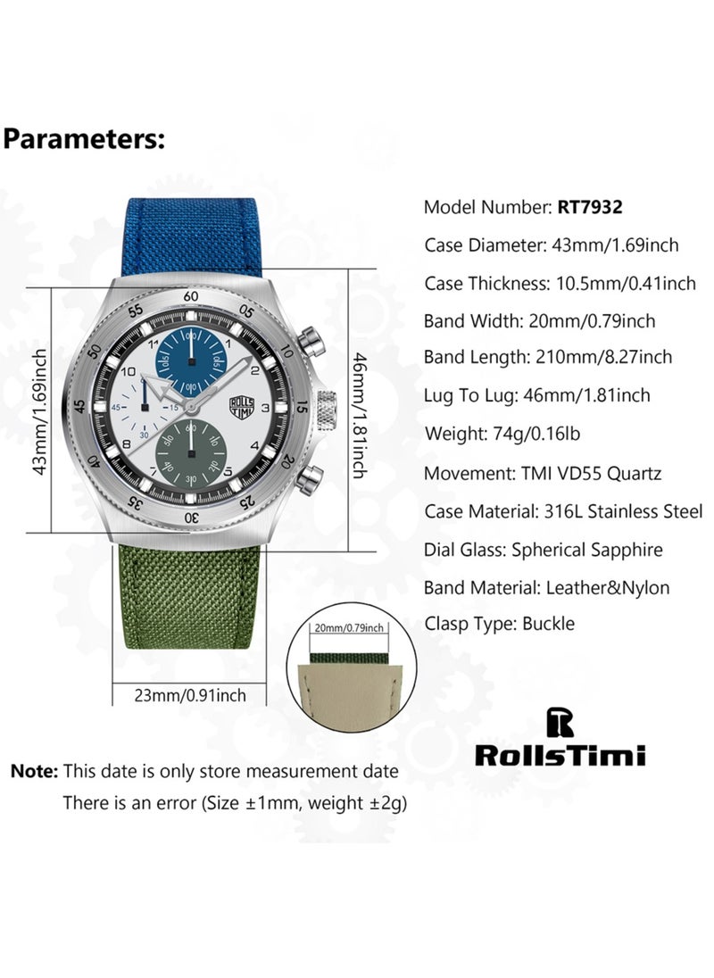 Men's Quartz Chronograph Watches, 316 Stainless Steel Frame, Sapphire Glass Surface With Green Nylon Leather Strap, RT7932