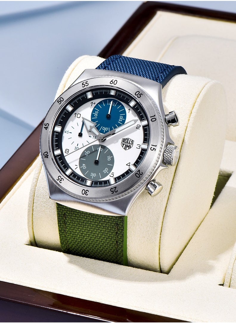 Men's Quartz Chronograph Watches, 316 Stainless Steel Frame, Sapphire Glass Surface With Green Nylon Leather Strap, RT7932