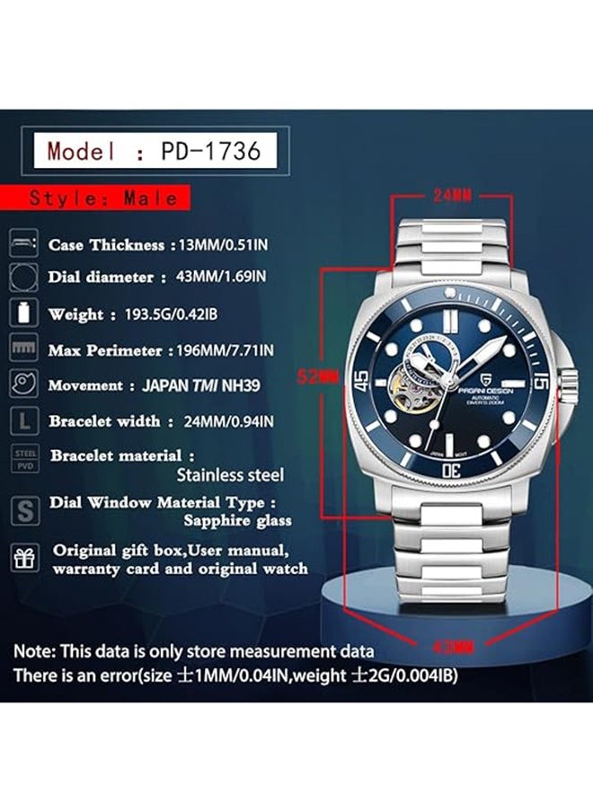 PD1736 Men's Automatic Watches Tourbillon Fashion Mens Mechanical Wristwatches Analog Digital Dial Casual Stainless Steel Bracelet