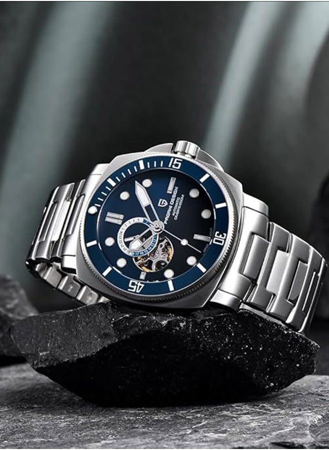 Men’s Automatic Watch, Japan NH39 Mechanical Skeleton, 200M Waterproof Wrist Watch, Fashion Business WristWatch，PD-1736 Steel Band Silver Blue