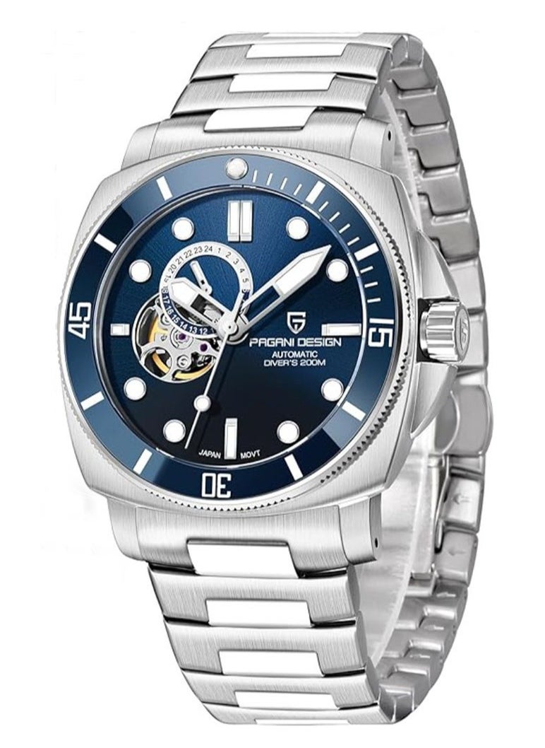 Men’s Automatic Watch, Japan NH39 Mechanical Skeleton, 200M Waterproof Wrist Watch, Fashion Business WristWatch，PD-1736 Steel Band Silver Blue