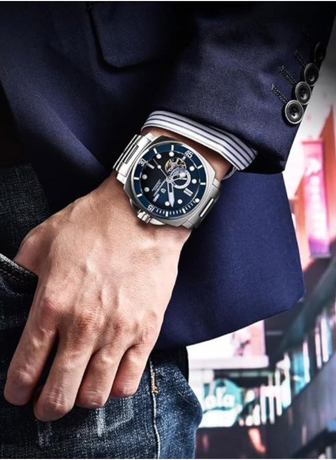 Men’s Automatic Watch, Japan NH39 Mechanical Skeleton, 200M Waterproof Wrist Watch, Fashion Business WristWatch，PD-1736 Steel Band Silver Blue