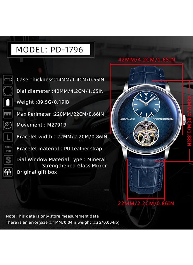 Men's Mechanical Automatic Watches, 42MM Metal Frame, Dark Blue Dial With High-Quality PU Leather Strap, Fashionable And Business PD1796