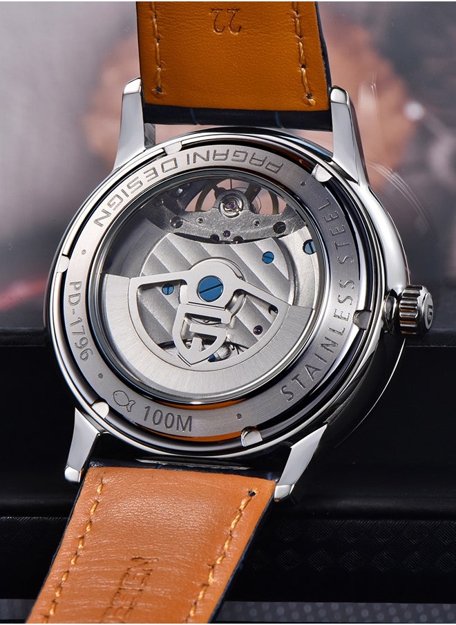 Men's Mechanical Automatic Watches, 42MM Metal Frame, Dark Blue Dial With High-Quality PU Leather Strap, Fashionable And Business PD1796