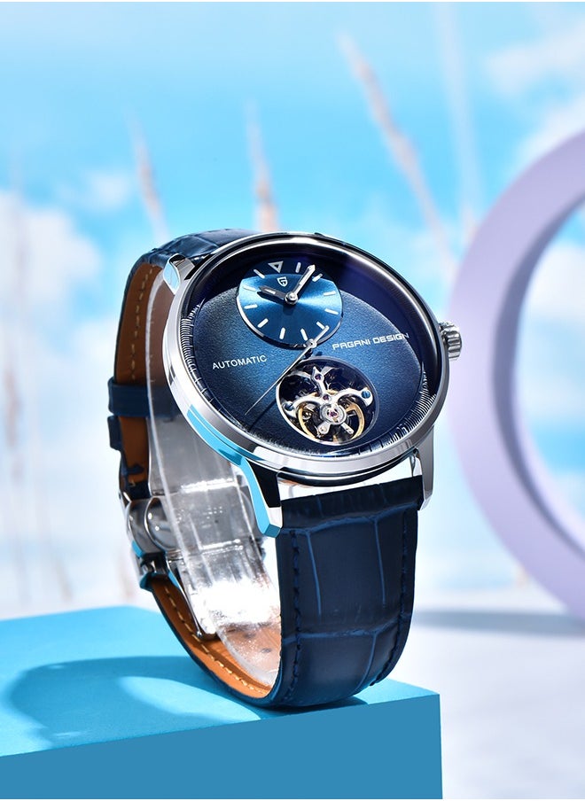 Automatic Mens Watches with Balance Wheel Mechanical Wrist Watch for Men Waterproof PU Leather Watchband Luxury Self-Winding Stainless Steel Watch