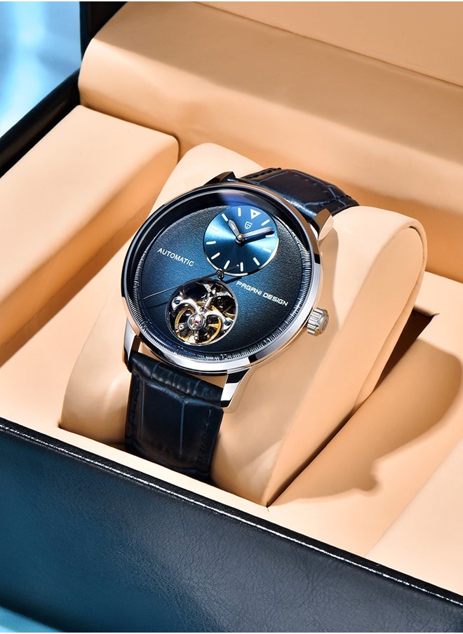 Automatic Mens Watches with Balance Wheel Mechanical Wrist Watch for Men Waterproof PU Leather Watchband Luxury Self-Winding Stainless Steel Watch