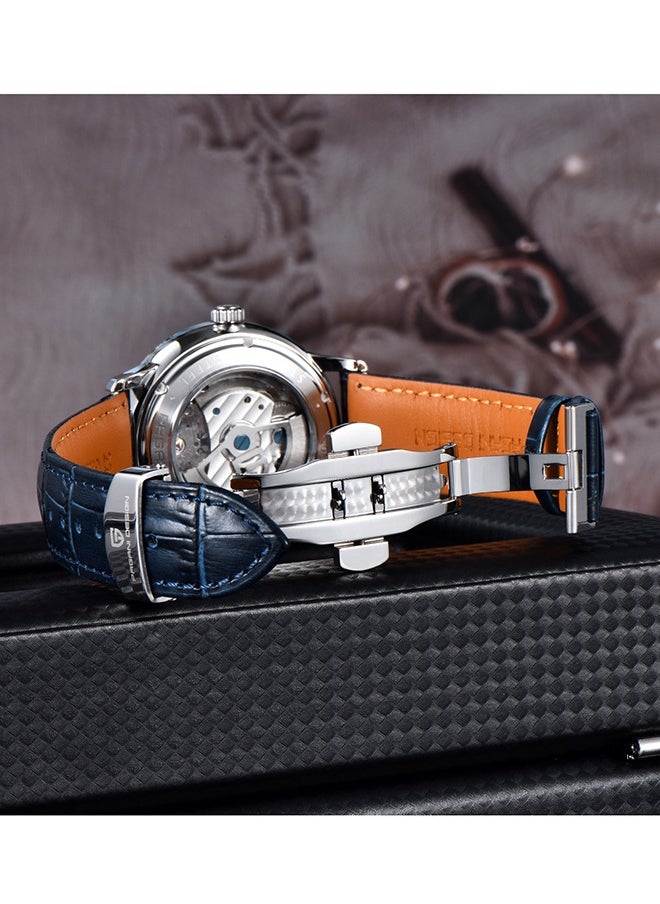 Automatic Mens Watches with Balance Wheel Mechanical Wrist Watch for Men Waterproof PU Leather Watchband Luxury Self-Winding Stainless Steel Watch