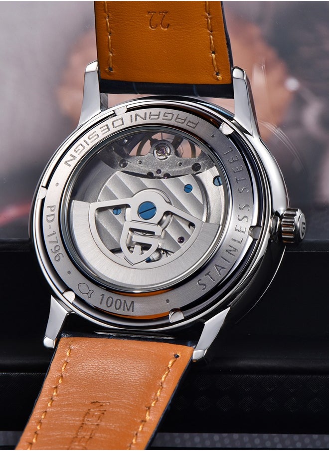 Automatic Mens Watches with Balance Wheel Mechanical Wrist Watch for Men Waterproof PU Leather Watchband Luxury Self-Winding Stainless Steel Watch