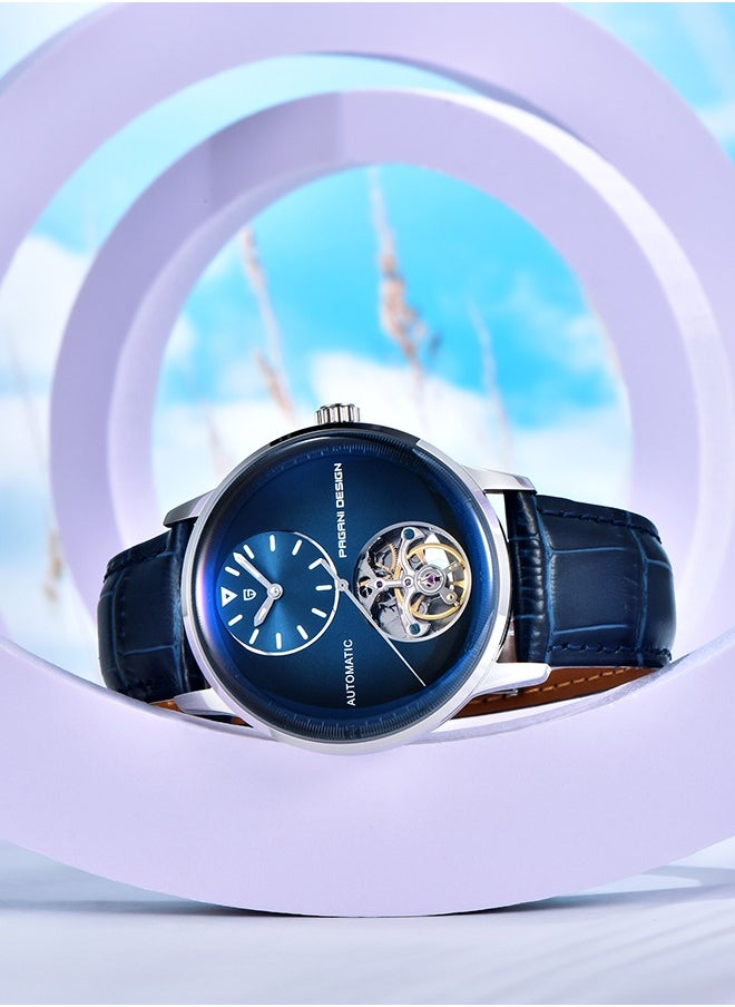 Automatic Mens Watches with Balance Wheel Mechanical Wrist Watch for Men Waterproof PU Leather Watchband Luxury Self-Winding Stainless Steel Watch