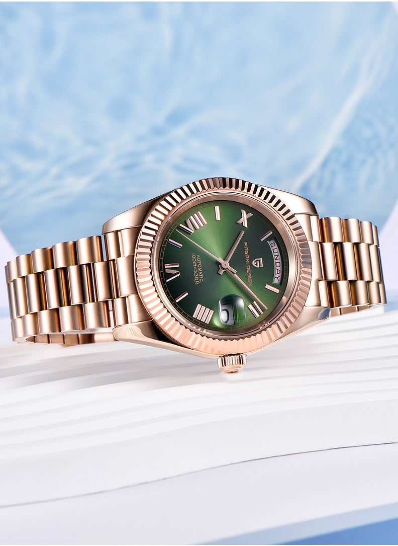 Men's Mechanical Automatic Watches 36MM Metal Frame Rose Gold Green Dial Stainless Steel Strap Fashion Business PD1752
