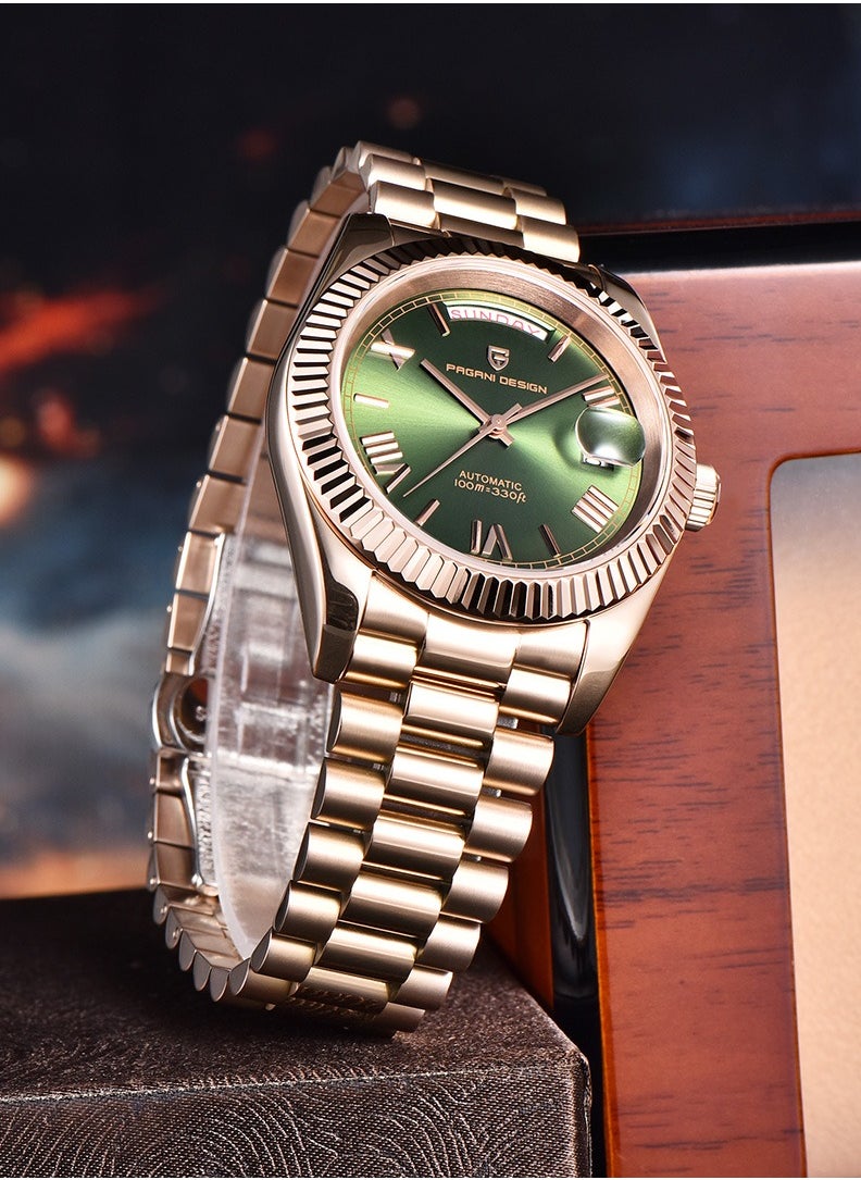 Men's Mechanical Automatic Watches 36MM Metal Frame Rose Gold Green Dial Stainless Steel Strap Fashion Business PD1752