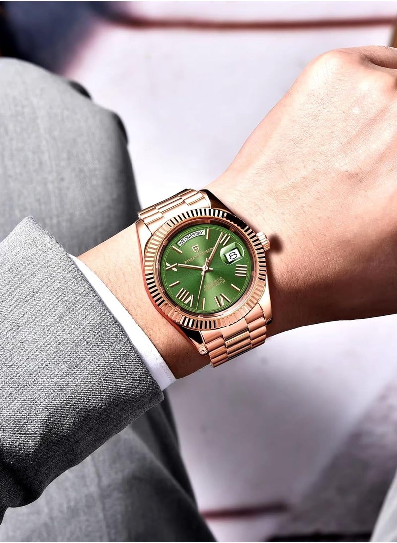 Men's Mechanical Automatic Watches 36MM Metal Frame Rose Gold Green Dial Stainless Steel Strap Fashion Business PD1752