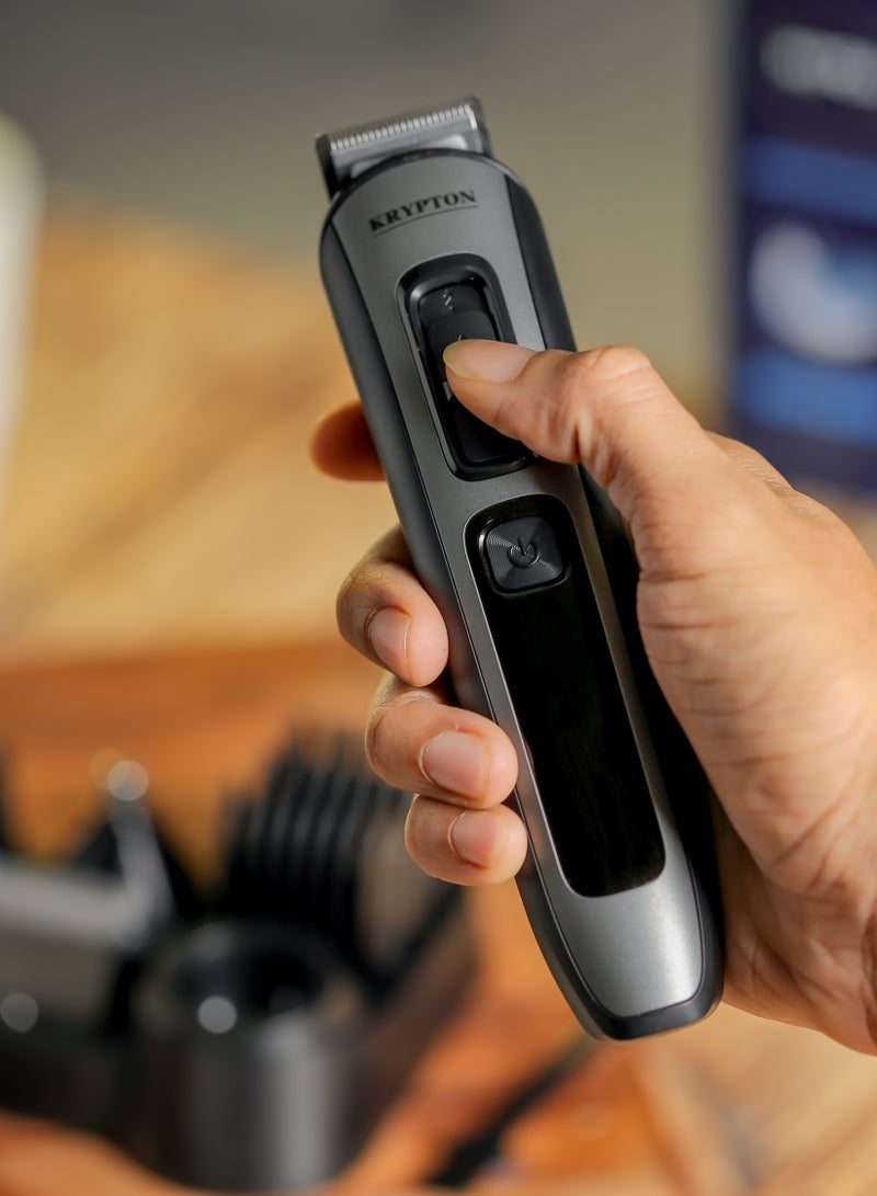 11-IN-1 Rechargeable Digital Grooming Set with Novel LED Display- KNTR6154N| With 6 Interchangeable Heads and 4 Comb Attachments| Includes a Charging Stand| Prefect for Home and Professional Styling Black