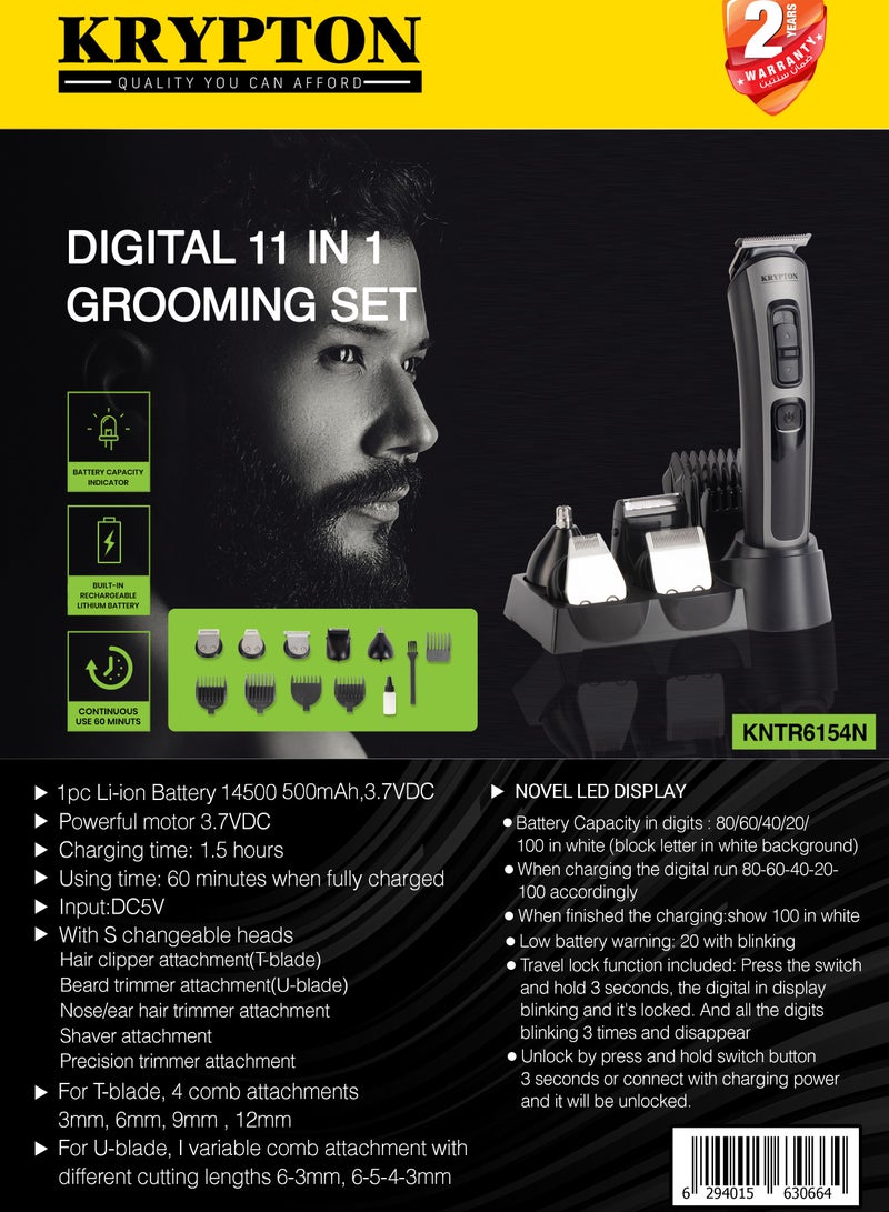11-IN-1 Rechargeable Digital Grooming Set with Novel LED Display- KNTR6154N| With 6 Interchangeable Heads and 4 Comb Attachments| Includes a Charging Stand| Prefect for Home and Professional Styling Black