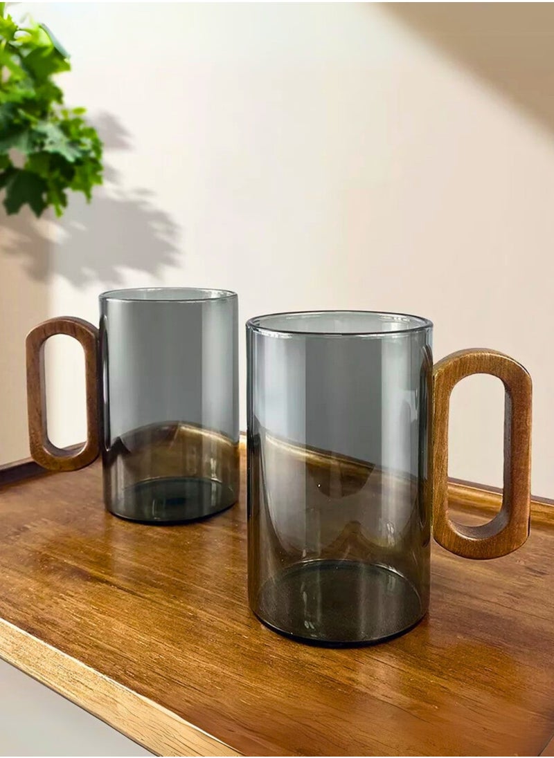 Smoky Grey Borosilicate Glass Mugs with Walnut Handle – 350ML (Set of 4)