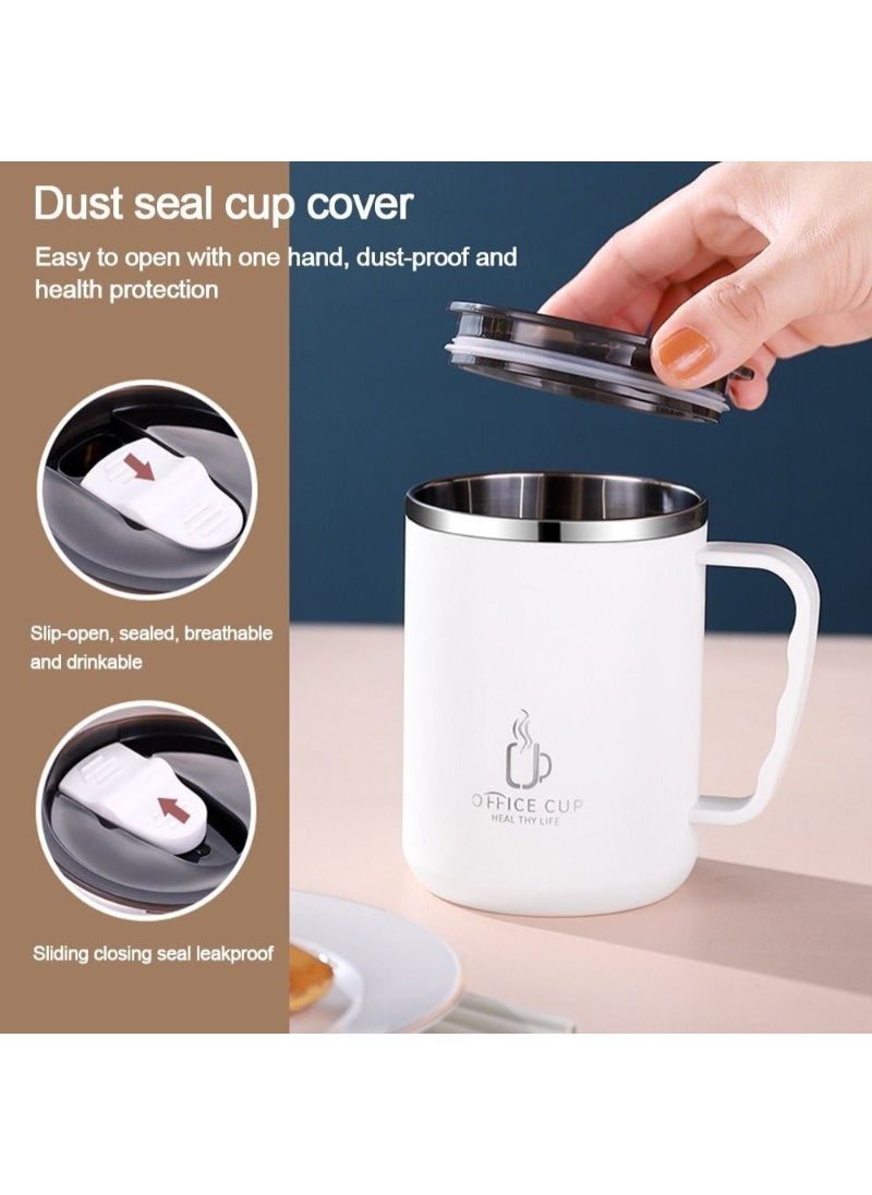 Stainless Steel Double Layers Coffee Mug Milk Cup With Plastic Lid And Handle 500ml White