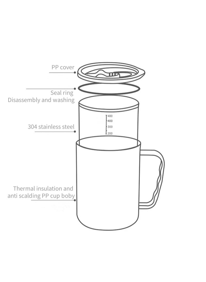 Stainless Steel Double Layers Coffee Mug Milk Cup With Plastic Lid And Handle 500ml Grey