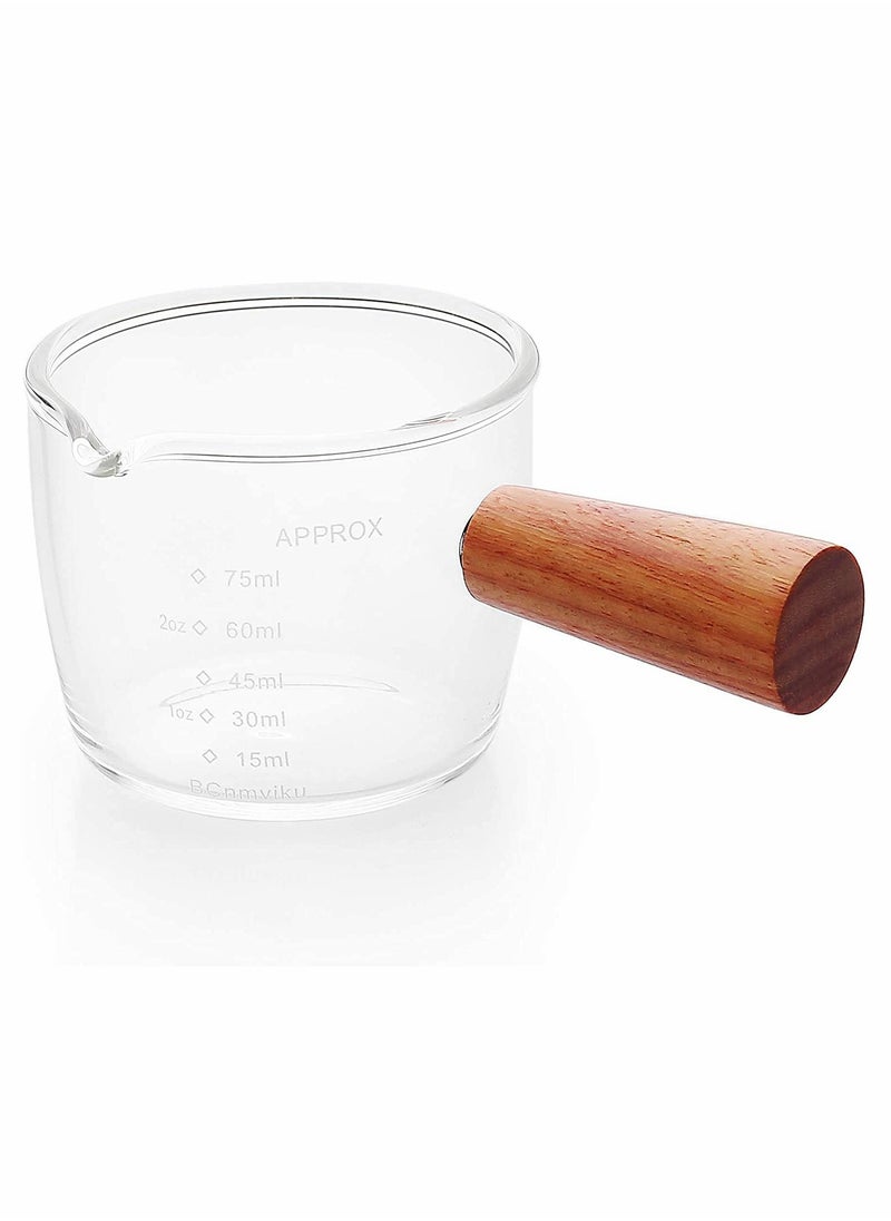 1 Pack Double Spouts Measuring Triple Pitcher Milk Cup with Wood Handle 75ML Espresso Shot Glasses Parts Clear Glass,Espresso Shot Glasses Triple Pitcher Barista Double Spouts Clear Glass