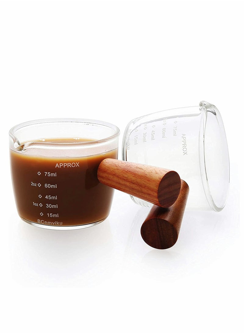 1 Pack Double Spouts Measuring Triple Pitcher Milk Cup with Wood Handle 75ML Espresso Shot Glasses Parts Clear Glass,Espresso Shot Glasses Triple Pitcher Barista Double Spouts Clear Glass