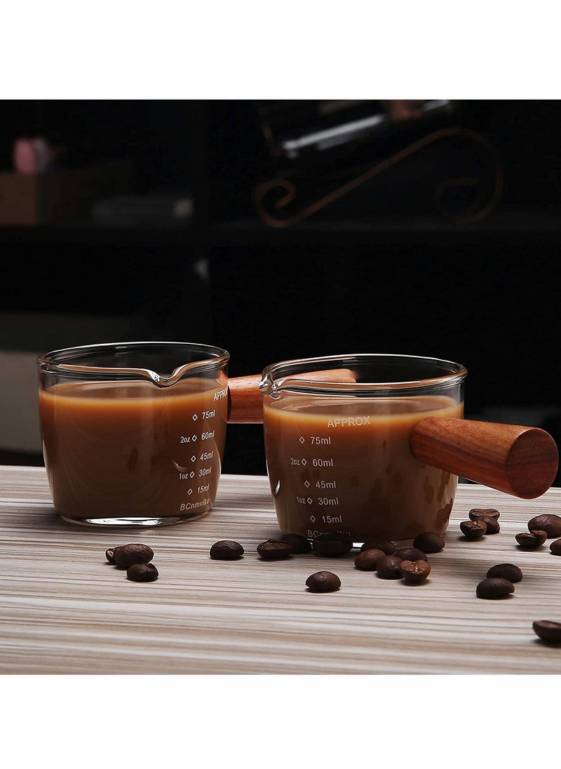 1 Pack Double Spouts Measuring Triple Pitcher Milk Cup with Wood Handle 75ML Espresso Shot Glasses Parts Clear Glass,Espresso Shot Glasses Triple Pitcher Barista Double Spouts Clear Glass