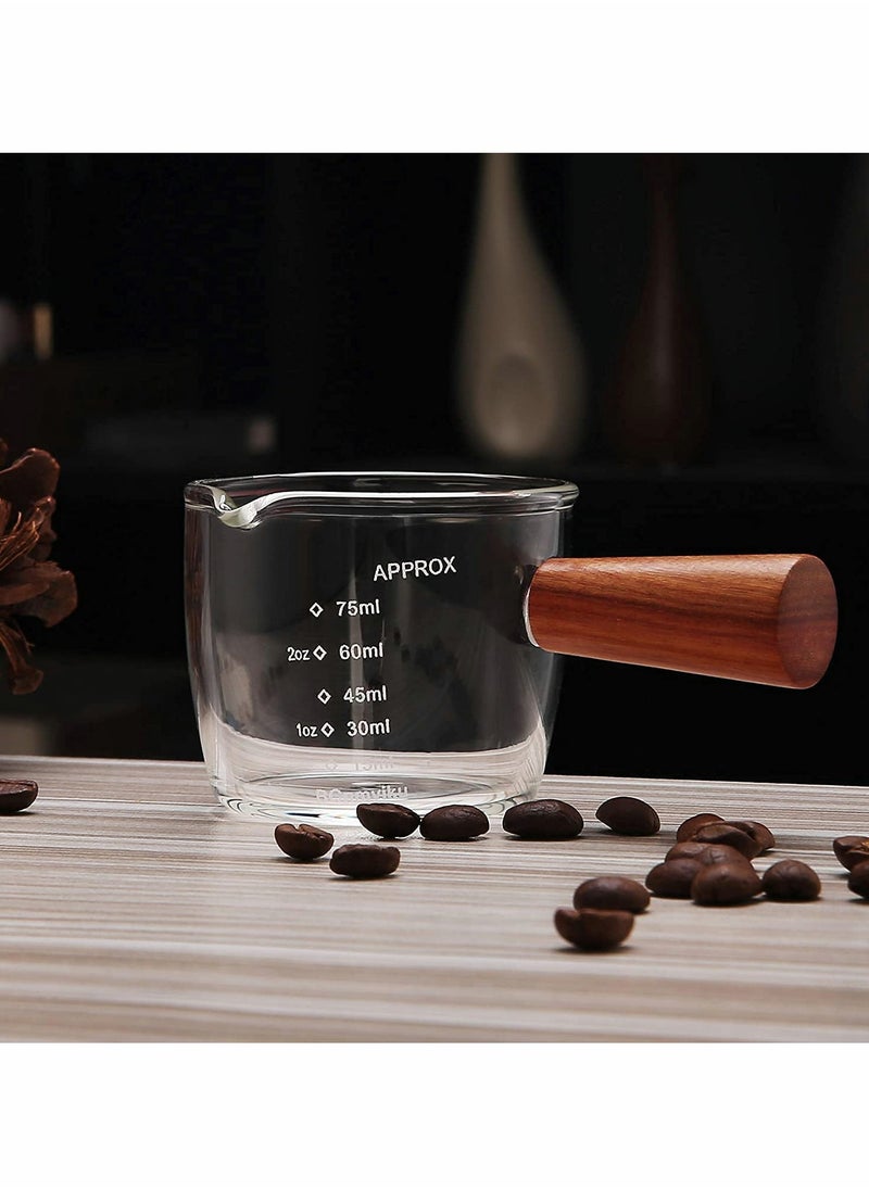 1 Pack Double Spouts Measuring Triple Pitcher Milk Cup with Wood Handle 75ML Espresso Shot Glasses Parts Clear Glass,Espresso Shot Glasses Triple Pitcher Barista Double Spouts Clear Glass