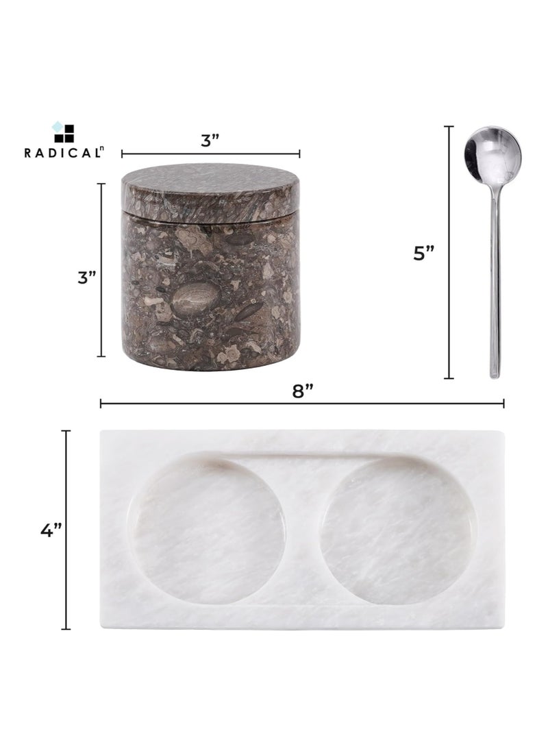 Radicaln Marble Salt Cellar with Lid and Tray 3'' Inches Oceanic and Balck Handmade Salt Container Ideal Salt Box Spice Jar & Salt Holder For Counter Modern Salt Dish With Lid & Stone Salt Holder