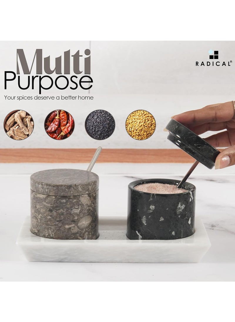 Radicaln Marble Salt Cellar with Lid and Tray 3'' Inches Oceanic and Balck Handmade Salt Container Ideal Salt Box Spice Jar & Salt Holder For Counter Modern Salt Dish With Lid & Stone Salt Holder