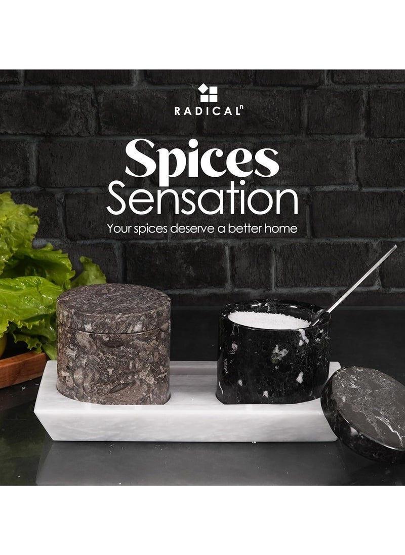 Radicaln Marble Salt Cellar with Lid and Tray 3'' Inches Oceanic and Balck Handmade Salt Container Ideal Salt Box Spice Jar & Salt Holder For Counter Modern Salt Dish With Lid & Stone Salt Holder