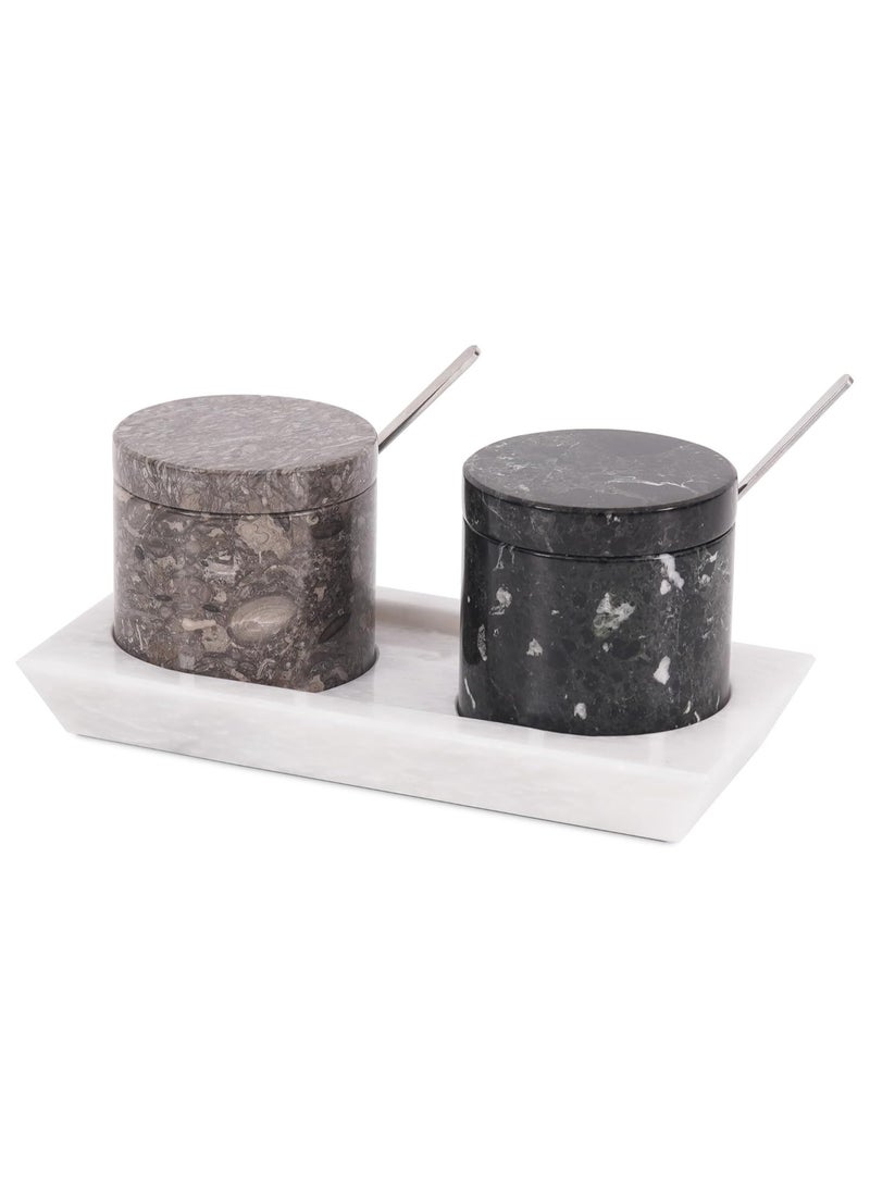 Radicaln Marble Salt Cellar with Lid and Tray 3'' Inches Oceanic and Balck Handmade Salt Container Ideal Salt Box Spice Jar & Salt Holder For Counter Modern Salt Dish With Lid & Stone Salt Holder