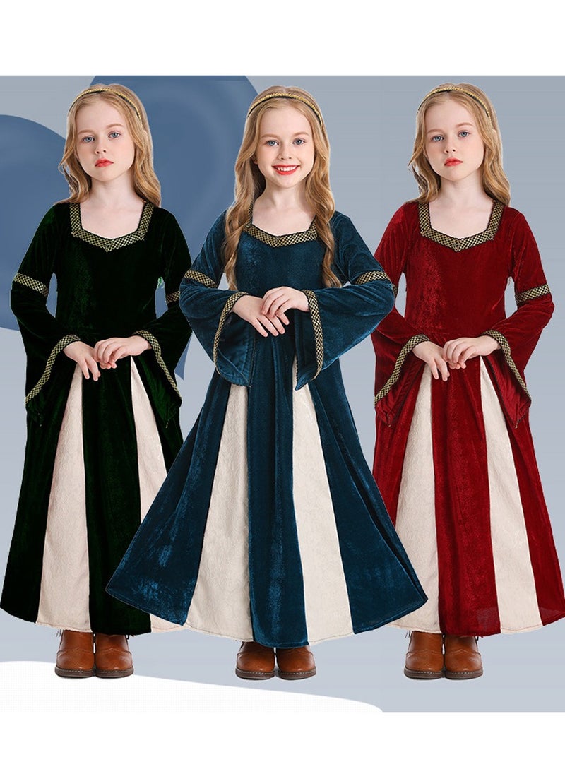 girls retro medieval girls costume,palace style trumpet sleeve long dress for theme party cotume