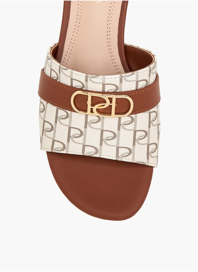 Women Monogram Print Slip-On Sandals with Block Heels