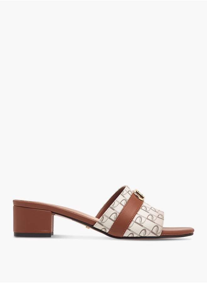 Women Monogram Print Slip-On Sandals with Block Heels