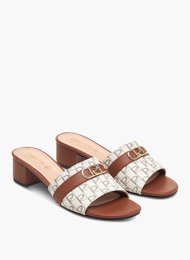 Women Monogram Print Slip-On Sandals with Block Heels