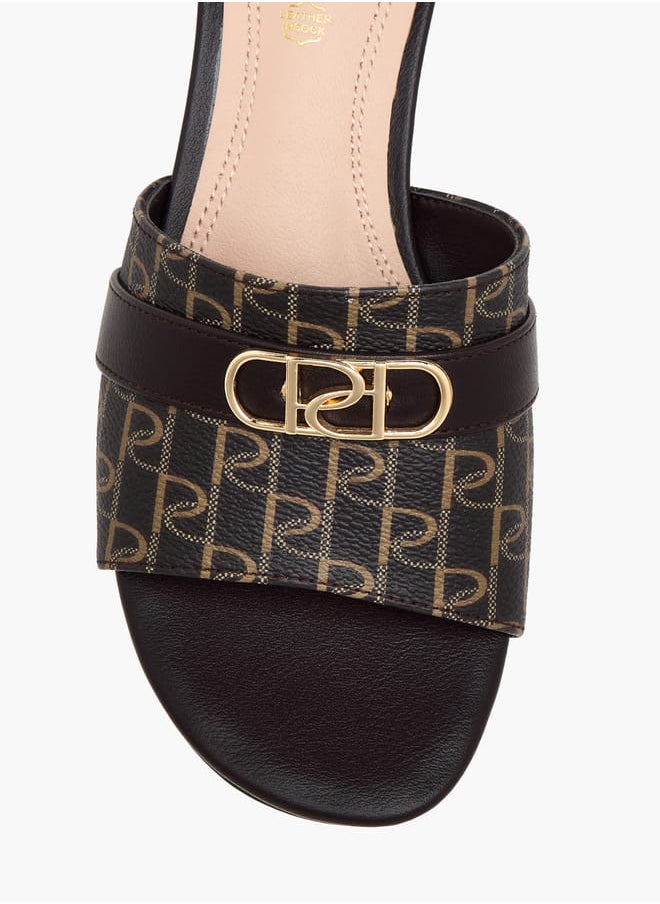 Women Monogram Print Slip-On Sandals with Block Heels