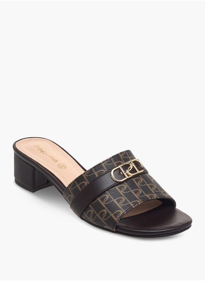 Women Monogram Print Slip-On Sandals with Block Heels