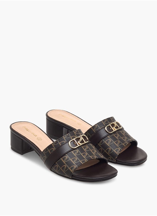 Women Monogram Print Slip-On Sandals with Block Heels